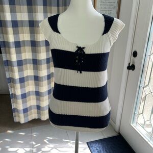 NEVADA: Women Navy and White lace up front and cap sleeves stretch top, Size M
